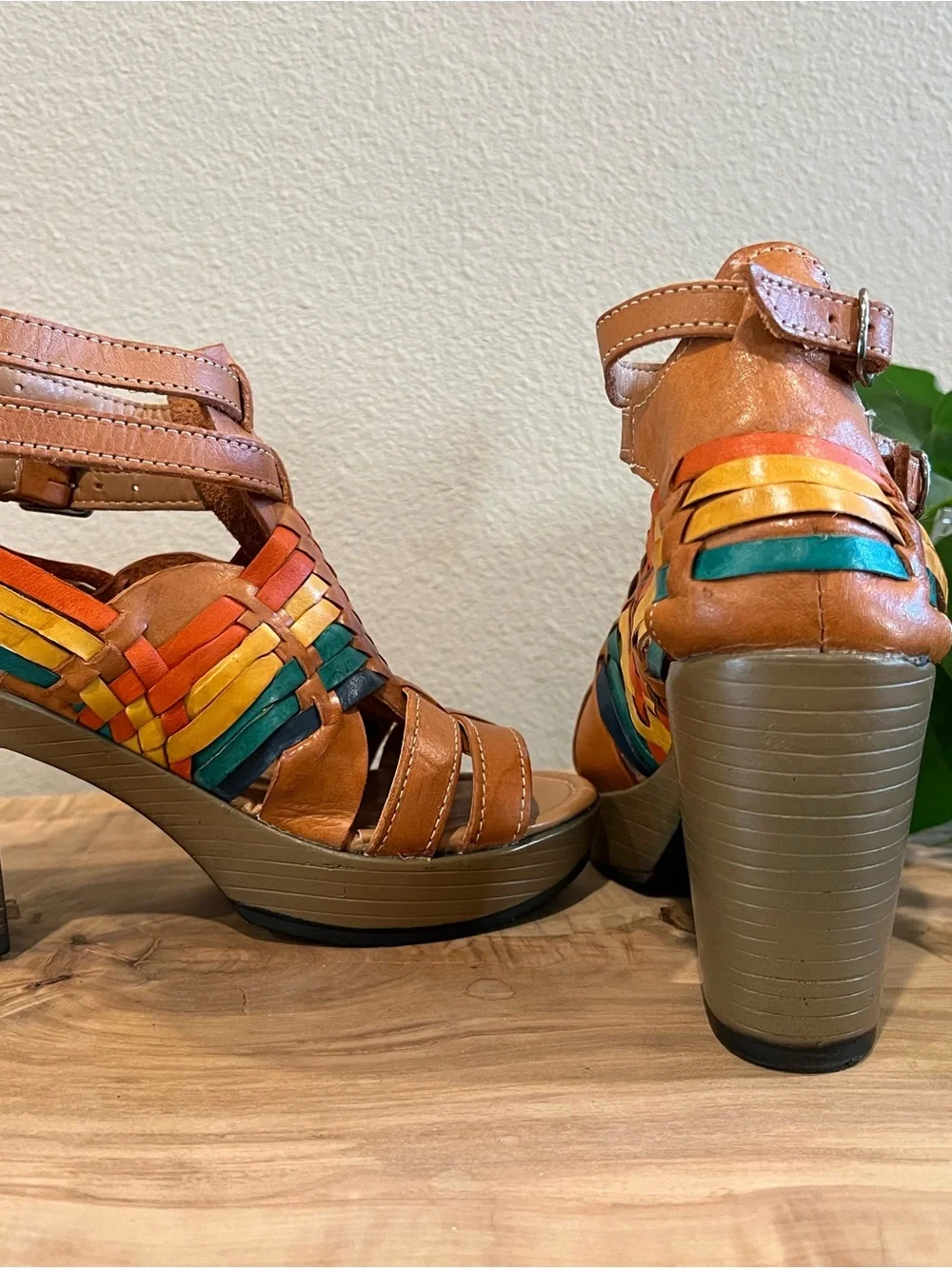 Tan Leather Platform Sandals with Multicolor Woven Accents